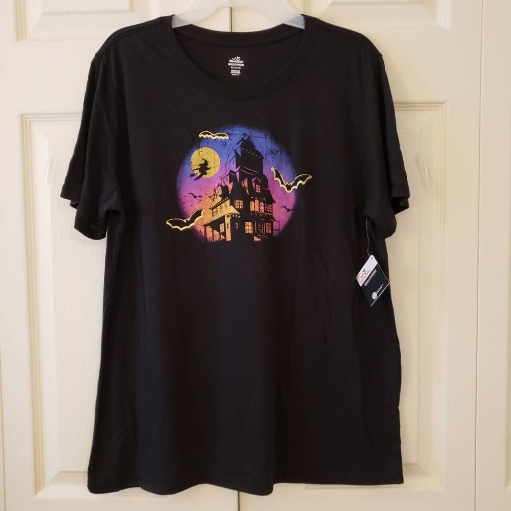 Celebrate Halloween Women's Black Tee Size XL Retro Haunted House Gold Foil